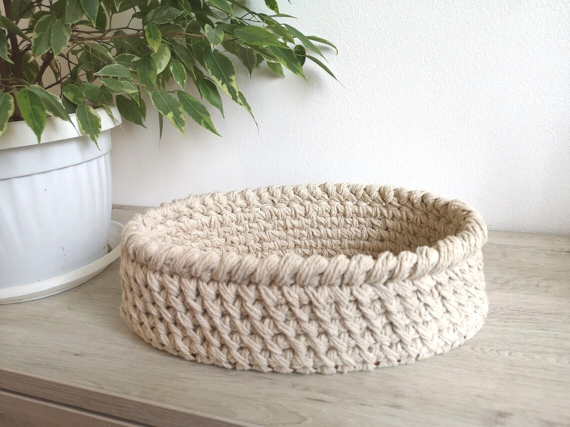 Rope Crochet Basket in an Oval Shape, Storage Container, Wicker Basket