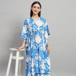 Abito caftano ikat con stampa a blocchi indiani, abito lungo caftano da donna, copricostume, abito lungo da notte con stampa a blocchi ikat, abbigliamento da casa