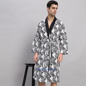 Black and White mens 100% Cotton kimono robe, Boheme dressing gown for man, Luxury long Soft bathrobe, Birthday present for husband, dad