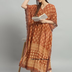 Indian Anokhi Print Kaftan, Women&#39;s Party Wear Kaftan, Hand Block Printed Dress, with Tassels Dress, Cotton Long Kaftan, Hippie Style Maxi