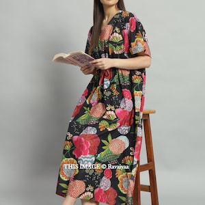 Cotton Kaftan, Black Floral Kaftan, Long Caftan, For to be Moms, Beach Cover up, Sleepwear, Indian Kaftan, Best Gift for Her, Maxi Dress