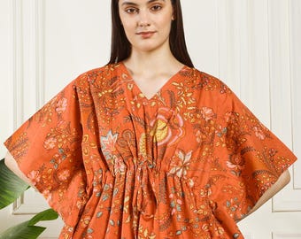 Caftán de algodón indio, caftán de algodón, caftán de talla única, caftán largo de algodón, caftán de algodón suave, vestido caftán con estampado floral naranja.