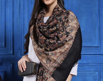 大型ブラックマルチカラーパシュミナカニ織りショール、冬用ラップ（40