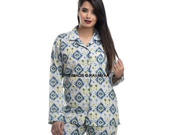 Cotton Pyjamas Set Top, Hand Block Print Cotton Night Dress Women Night Wear Comfort Pants Shirt Set. Sleepwear, Lounge Wear, Gift for Her