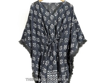 Les femmes portent du caftan en coton, des vêtements confortables, du caftan imprimé à la main, une robe indienne, des couvertures de plage, des vêtements de nuit, une robe maxi d’été