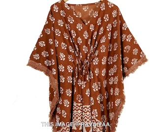 Brown - Hand Block Batik Print Cotton Medium Kaftan 38