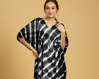 Handmade Rayon Tie Dye Black Kaftan Beach Resort Wear Vacation Cruise Dress Lounge Wear Work at Home Wear Short Kimono Women Dress India