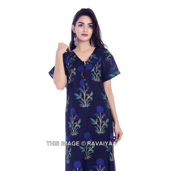 Indian Nighty, Women Nighty, Summer Night Dress, Sleepwear, Floral Print, Casual Nightwear Gown, Pure Cotton, India Cotton, Blue Night Gown