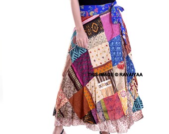 Two Layer Silk Sari Magic Wrap Around Skirt Dress Beach Wear Sarong Indian Silk Rapron Women Reversible Long Wrap Skirt Patchwork Long Dress