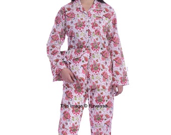 Payajam Set Soft Cotton Night Suit Night Wear Adult Pyjamas Leaf Print Pure Cotton P J Set Pink Colour Indian Cotton Pajama Set