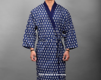 Unisex Robes, Cotton Block Print Robe, Gifts for her him , Boho Robe, Resort Wear, Loungewear, Cotton cover up, India Bath Robe Men Kimono