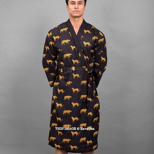 Herrmorgon svart leopardmönstrad morgonrock morgonrock badrock nattkläder present till honom crossover kimono kroppslindor spa-morgon urban unisex-morgonrock