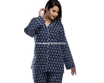 Indian Night Suit, Women Cotton Nightwear, Handmade Leaf Printed Pajamas Set, Home Wear Dressing Sleep Wear Pants And Collar Pattern Shirt