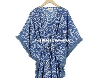 Caftán de algodón azul índigo indio para mujer, estampado anokhi, túnica de algodón para playa, caftán de seis piezas para playa, caftán con estampado de bloques.