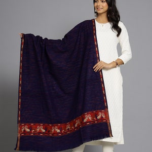 Large Navy Blue Shawl. Reversible Jacquard Design. Jamavar All Seasons Wrap. Wool Silk Blend Scarf. Kashmiri Soft Warm Pashmina 100x200cm