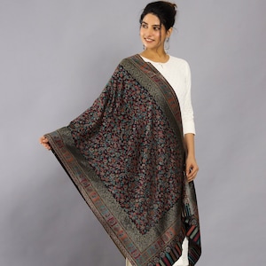 Lebendiger Marine und Multi 100% Pashmina Wolle Kani Floral-Paisley Schal Schal Wrap Stola 290 x 75 cm |Meditations Schal| Weihnachtsgeschenk
