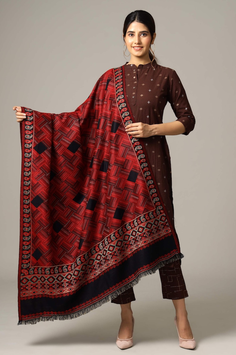 Large Ethnic Jacquard Design Kullu Weave Wool Shawl Meditation Blanket Himalaya Soft Wool Weddings Large Stole Throw Meditation Wrap Black