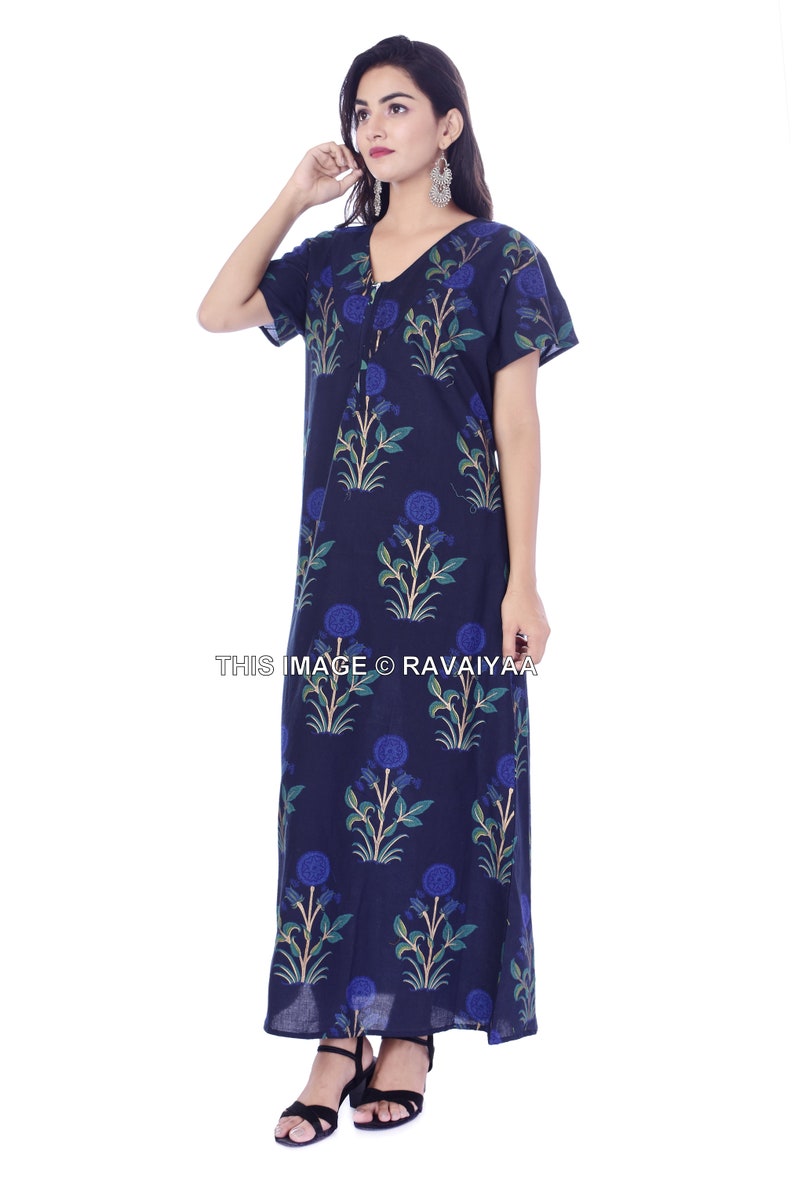 Indian Nighty, Women Nighty, Summer Night Dress, Sleepwear, Floral Print, Casual Nightwear Gown, Pure Cotton, India Cotton, Blue Night Gown image 2