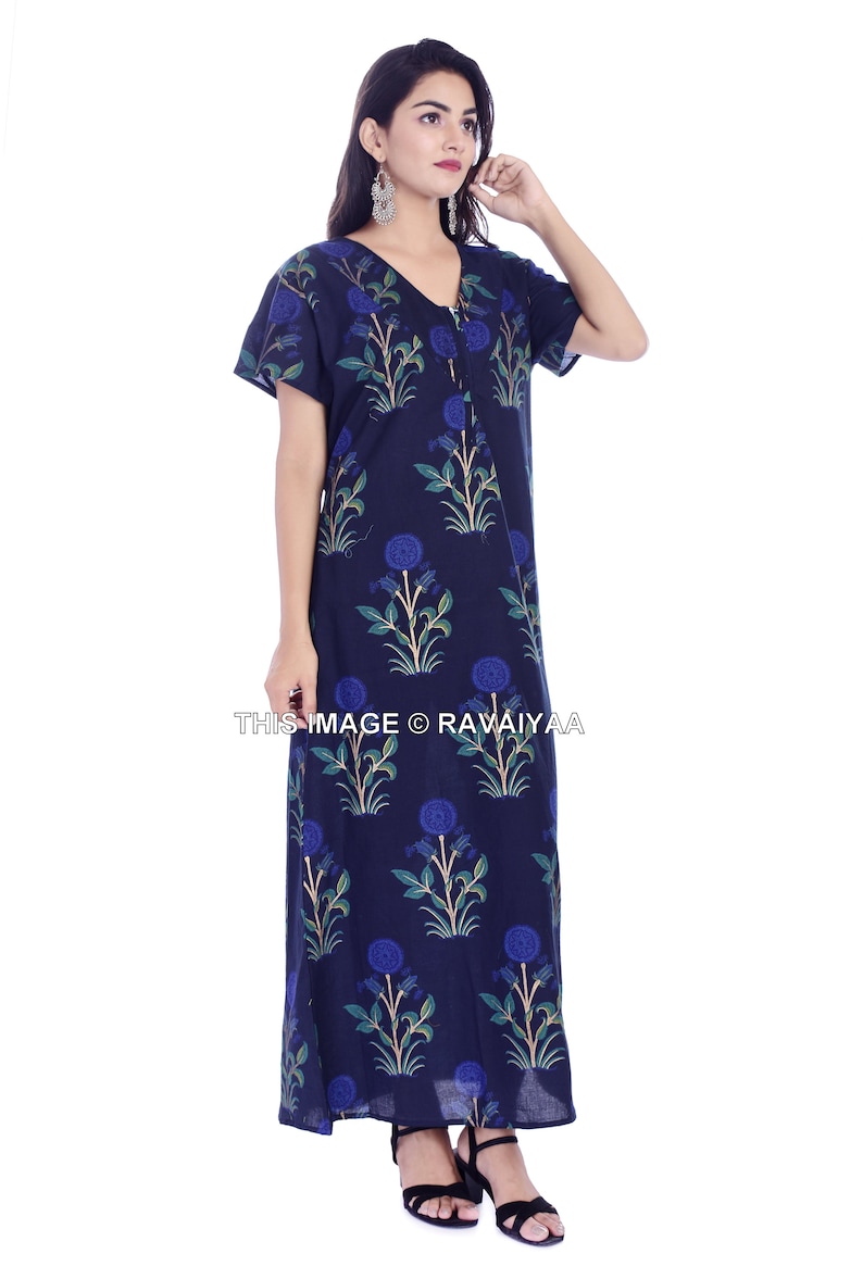 Indian Nighty, Women Nighty, Summer Night Dress, Sleepwear, Floral Print, Casual Nightwear Gown, Pure Cotton, India Cotton, Blue Night Gown image 3