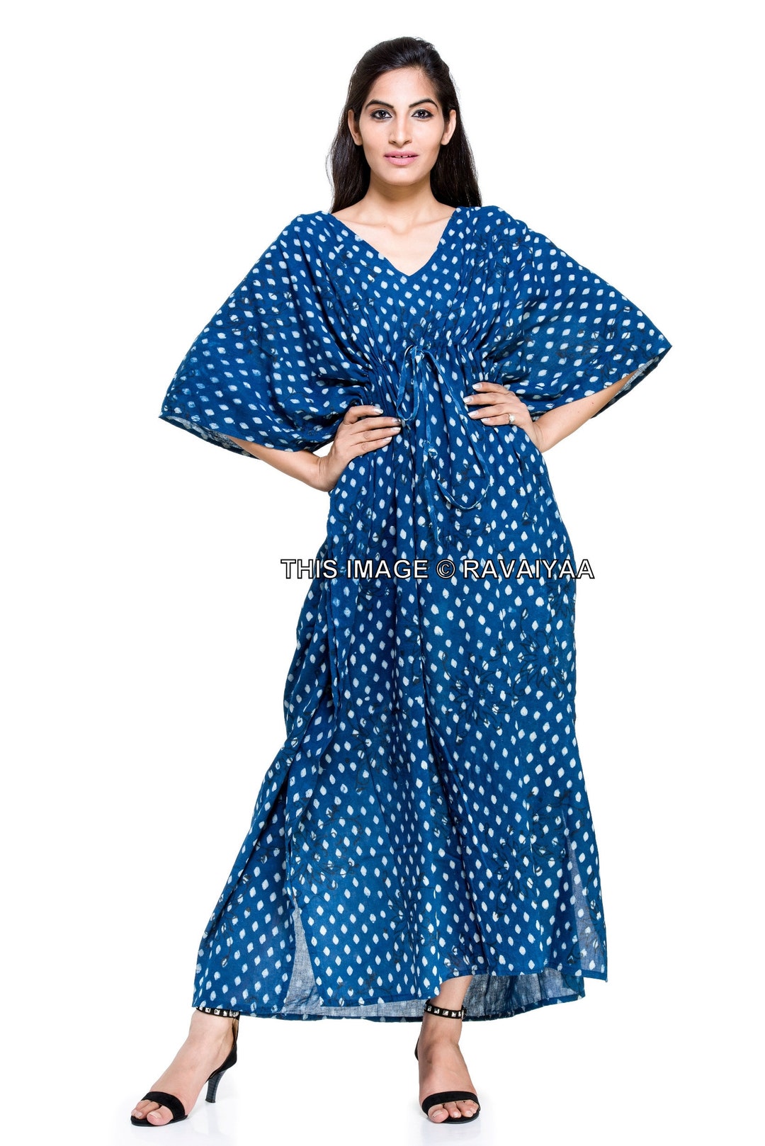 Women Caftan, Long Cotton Dress, Bohemian Indigo Dress, Plus Size