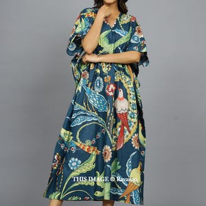 Handmade kaftan, Bird Printed Sleepwear Dressing Caftan, Cotton Organic Tunic, Gifts for her, Resort Wear, Maxi Dress, Beach Wear Blue Gown image 1
