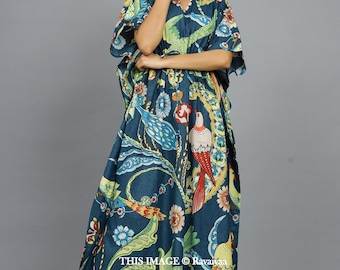 Ręcznie robiony kaftan, piżamowy kaftan z nadrukiem ptaków, tunika z bawełny organicznej, prezenty dla niej, odzież na wakacje, sukienka maxi, niebieska suknia plażowa
