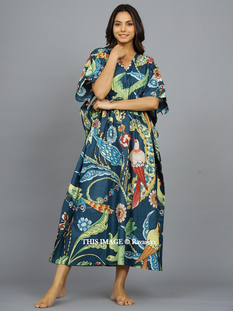 Handmade kaftan, Bird Printed Sleepwear Dressing Caftan, Cotton Organic Tunic, Gifts for her, Resort Wear, Maxi Dress, Beach Wear Blue Gown image 1