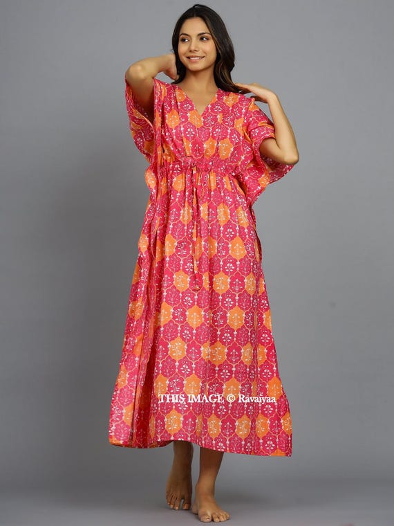 kaftan night dress cotton Pink Caftan for Women, Long Cotton Dress, Bohemian Dress, Plus Size Kaftan, Night Wear, Spa Robe, Holiday Wear, Beach Cover up, Indian Maxi
