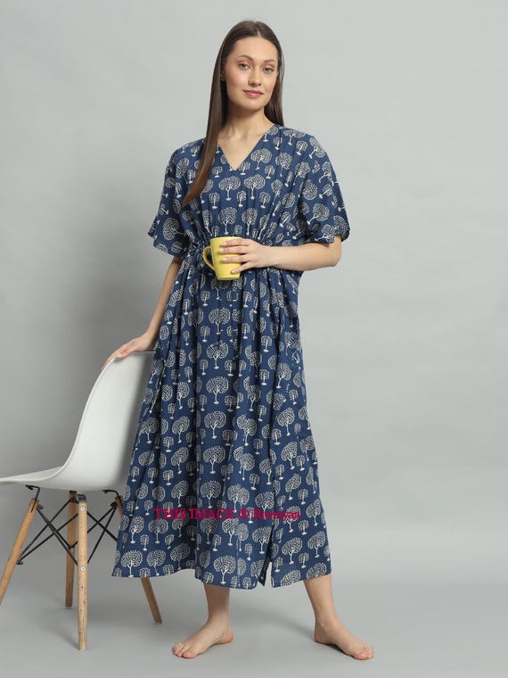 Indian Hand Block Printed Kaftan, Women's Cotton Long Kaftan Dress, Sexy  Beach Wear Bikini Cover up,Indigo Blue Long Caftan, Sleepwear Dress