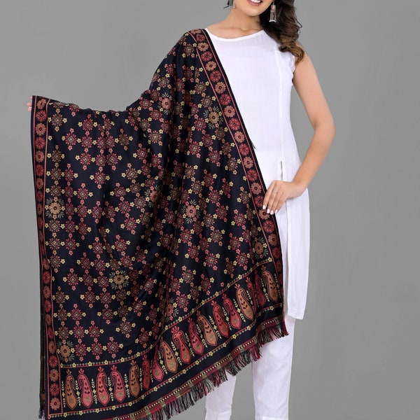 Indian Reversible Kullu Decor Shawl, Best Gift For Mom Dad Meditation Throw, Handmade Beautiful Floral Design  Soft Wool Large Unisex Stole