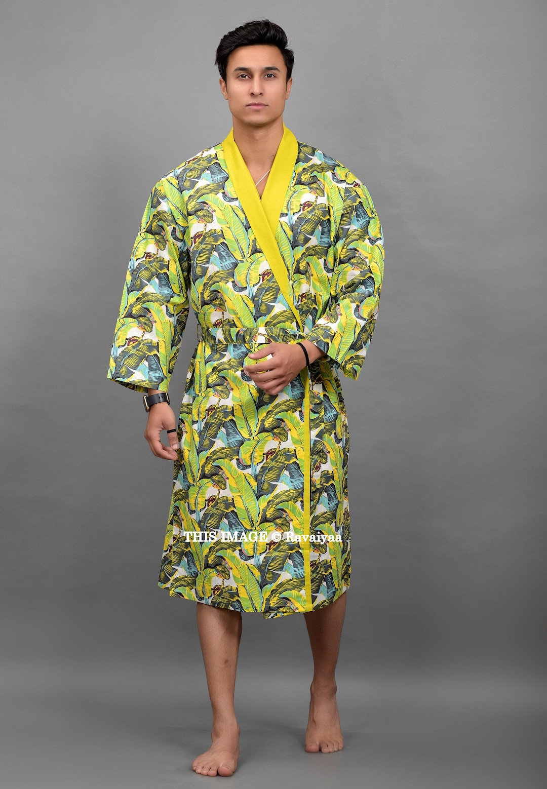 Men Cotton Bath Robe House Robe Kimono Floral Robe Beach Spa Cover up ...