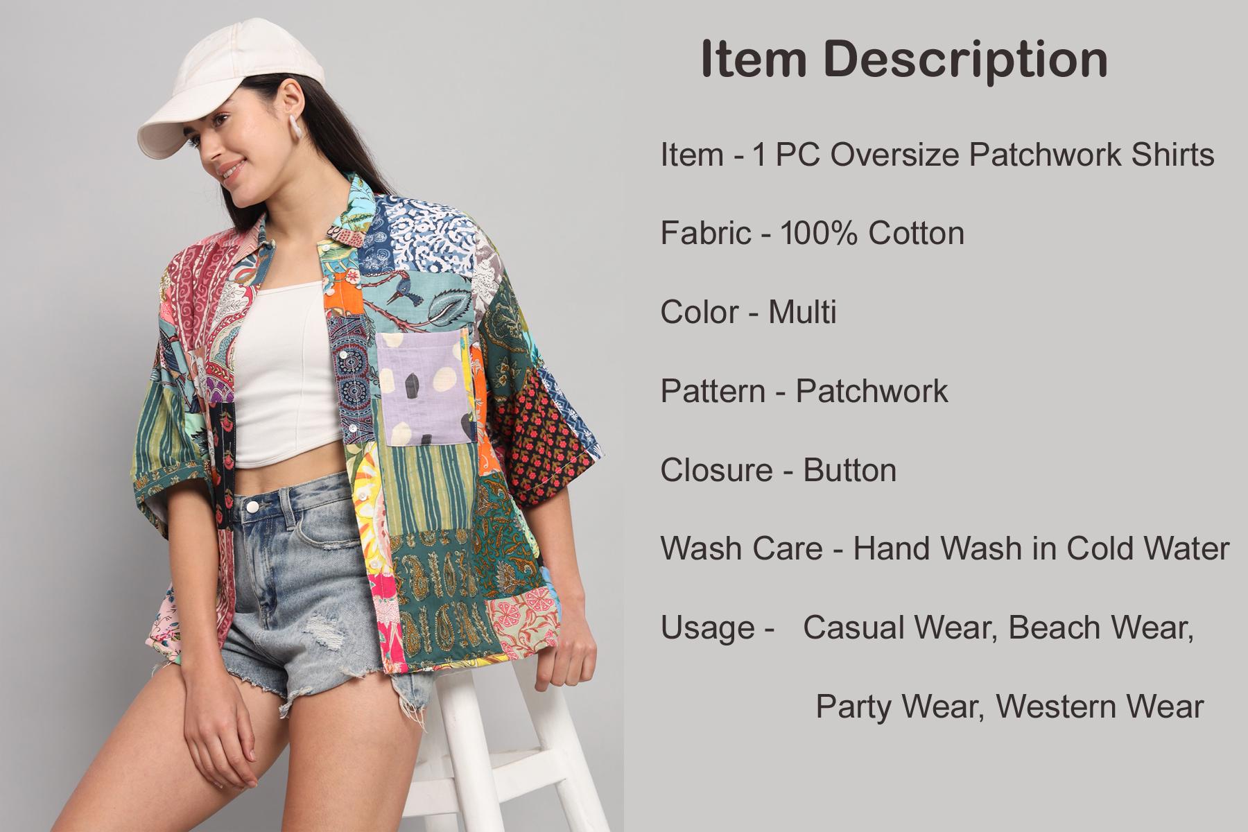 Oversized Patchwork Cotton Shirt for Women, Boho Patchwork Button