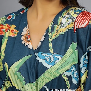 Handmade kaftan, Bird Printed Sleepwear Dressing Caftan, Cotton Organic Tunic, Gifts for her, Resort Wear, Maxi Dress, Beach Wear Blue Gown image 3