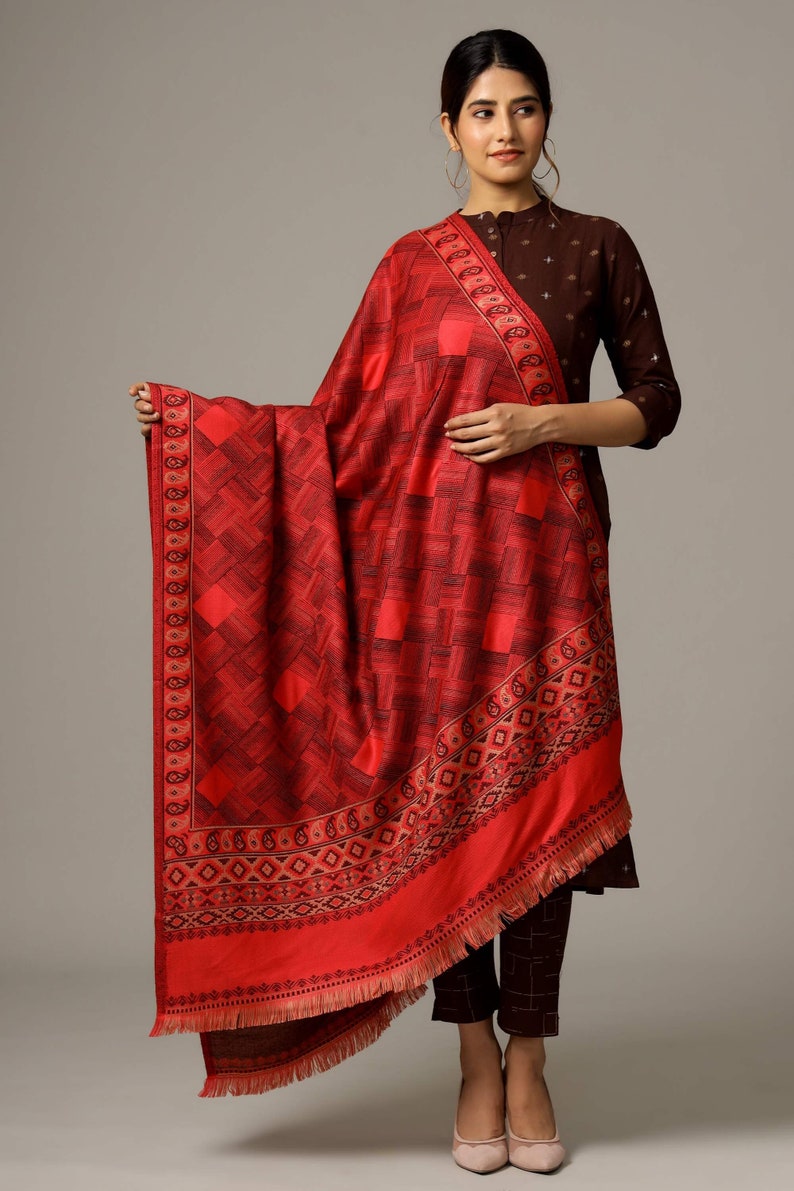 Large Ethnic Jacquard Design Kullu Weave Wool Shawl Meditation Blanket Himalaya Soft Wool Weddings Large Stole Throw Meditation Wrap Red-3