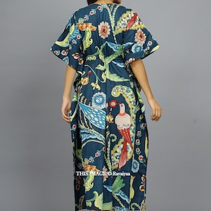 Handmade kaftan, Bird Printed Sleepwear Dressing Caftan, Cotton Organic Tunic, Gifts for her, Resort Wear, Maxi Dress, Beach Wear Blue Gown image 6