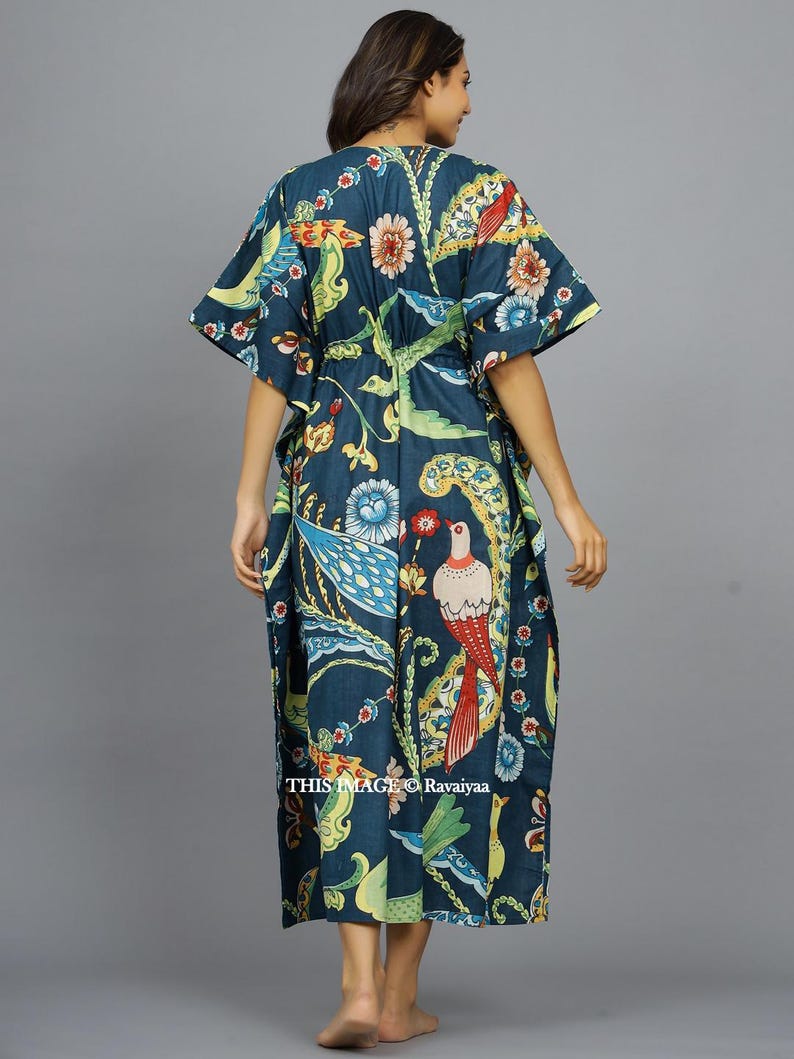 Handmade kaftan, Bird Printed Sleepwear Dressing Caftan, Cotton Organic Tunic, Gifts for her, Resort Wear, Maxi Dress, Beach Wear Blue Gown image 6