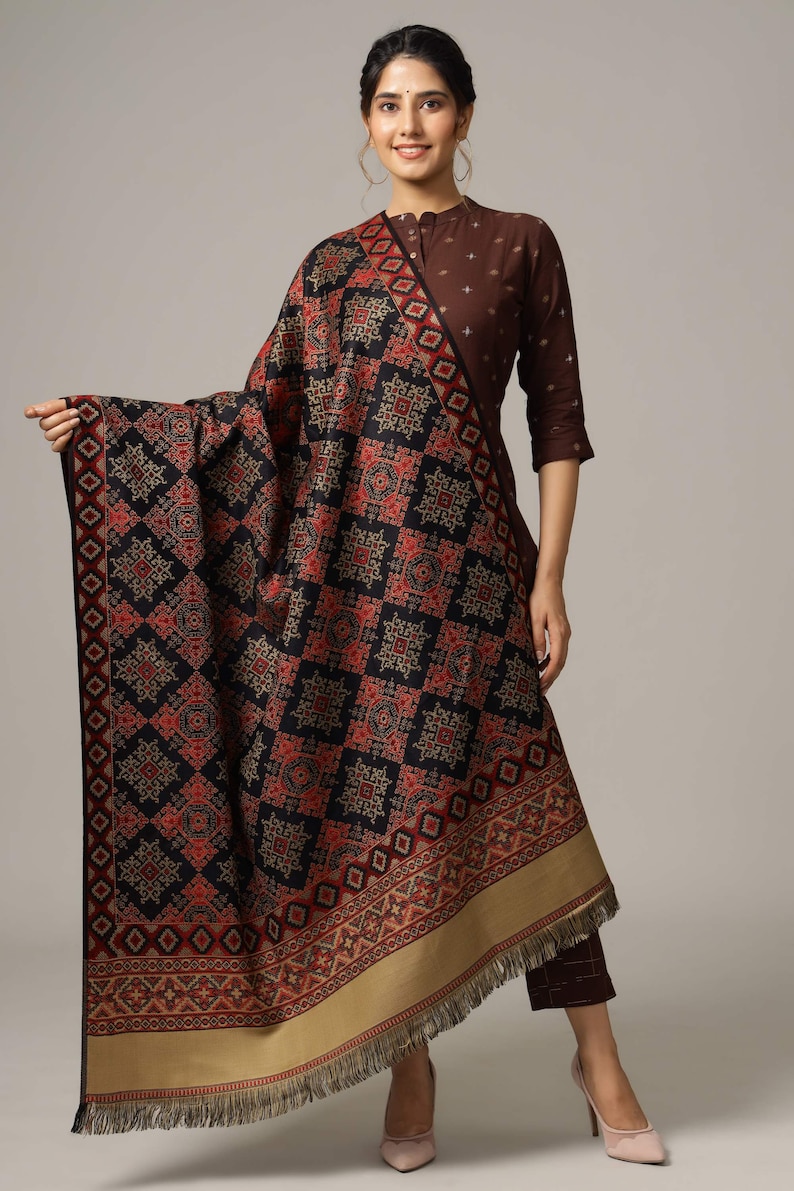 Bright Wool Pashmina Shawl| Floral Pashmina Shawl Winter Wraps for Women Autumn Fall Stole Christmas Gift Bohemian Style Boho | Head Cover Black-47
