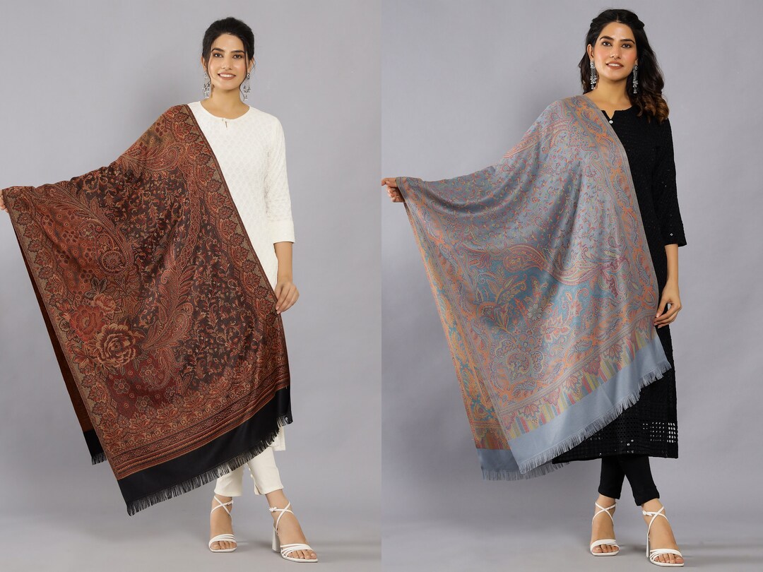 Indian Ethnic Paisley Hand-Embroidered Silky Reversible Pashmina Shawl Stole Scarf SONALI