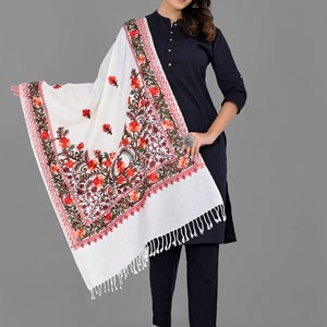 Embroidered Floral Stole/ Kashmiri Scarf/ White Stole/ Fashion Scarf/ gift scarf/ woolen scarf/ wrap Large Wool Shawl 80&quot;x30&quot; Indian Shawl