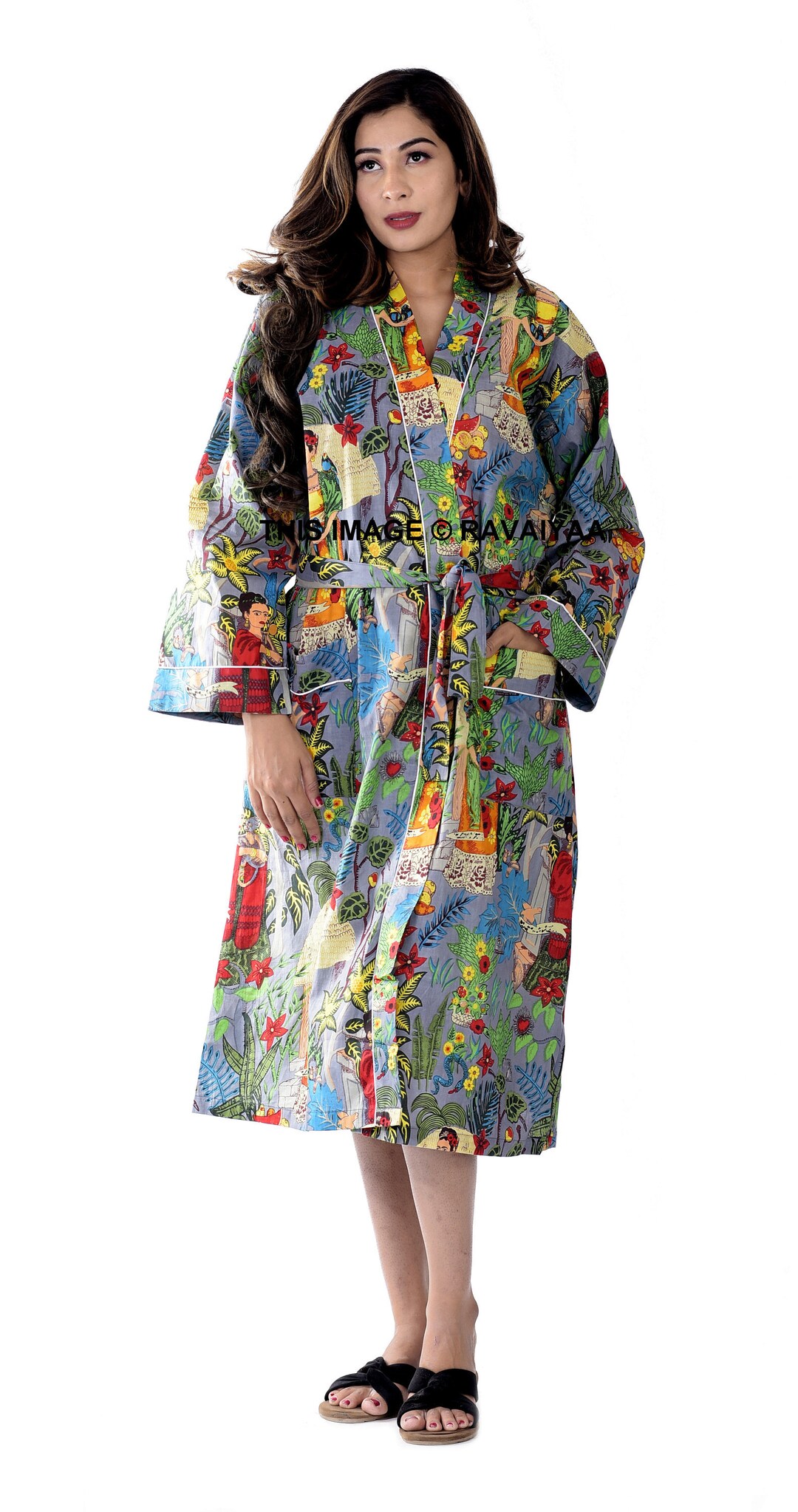 Frida Kahlo Kimono Robe Women's Plus Size Bathrobe, Indian Printed