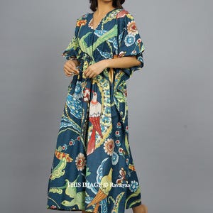 Handmade kaftan, Bird Printed Sleepwear Dressing Caftan, Cotton Organic Tunic, Gifts for her, Resort Wear, Maxi Dress, Beach Wear Blue Gown image 5