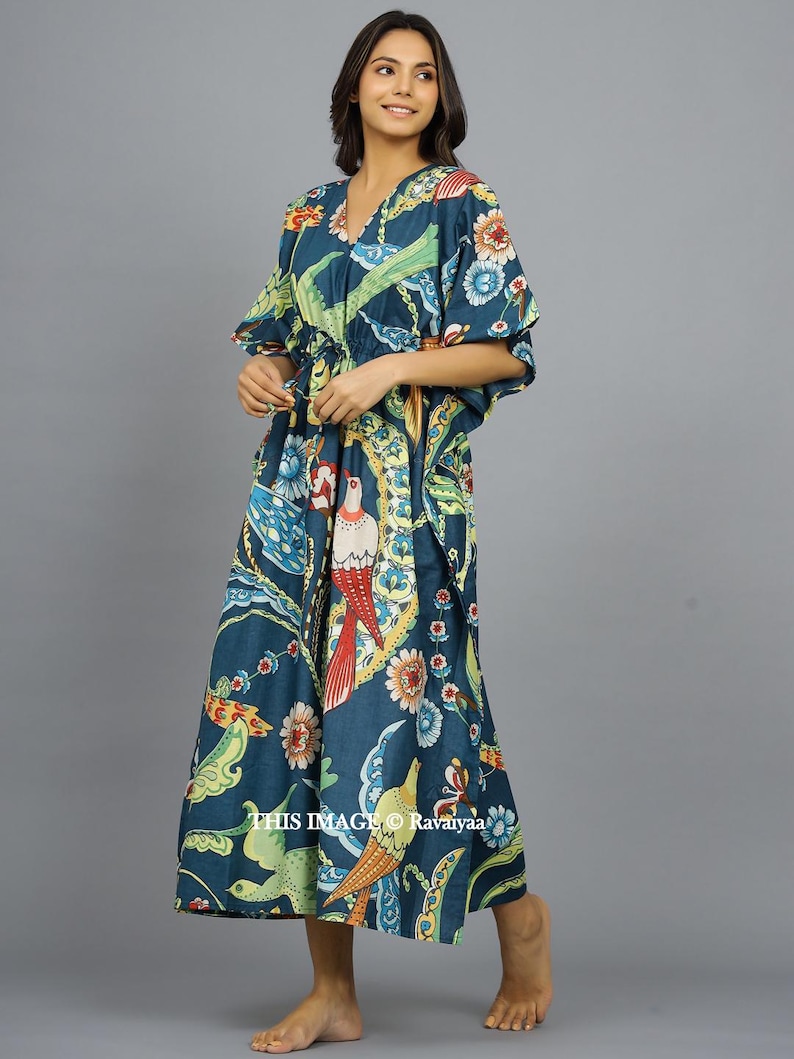 Handmade kaftan, Bird Printed Sleepwear Dressing Caftan, Cotton Organic Tunic, Gifts for her, Resort Wear, Maxi Dress, Beach Wear Blue Gown image 5