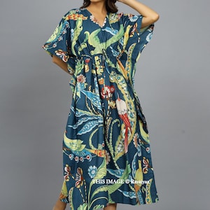 Handmade kaftan, Bird Printed Sleepwear Dressing Caftan, Cotton Organic Tunic, Gifts for her, Resort Wear, Maxi Dress, Beach Wear Blue Gown image 2