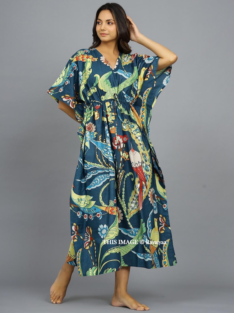 Handmade kaftan, Bird Printed Sleepwear Dressing Caftan, Cotton Organic Tunic, Gifts for her, Resort Wear, Maxi Dress, Beach Wear Blue Gown image 2