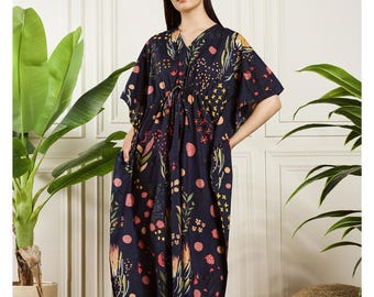 Floral Kaftan Dress, Indian Cotton Caftan For Women, Bikini Cover Up, Island Luxe Kaftan, Womens Clothing,Unique Gift For Mom,Tropical Dress