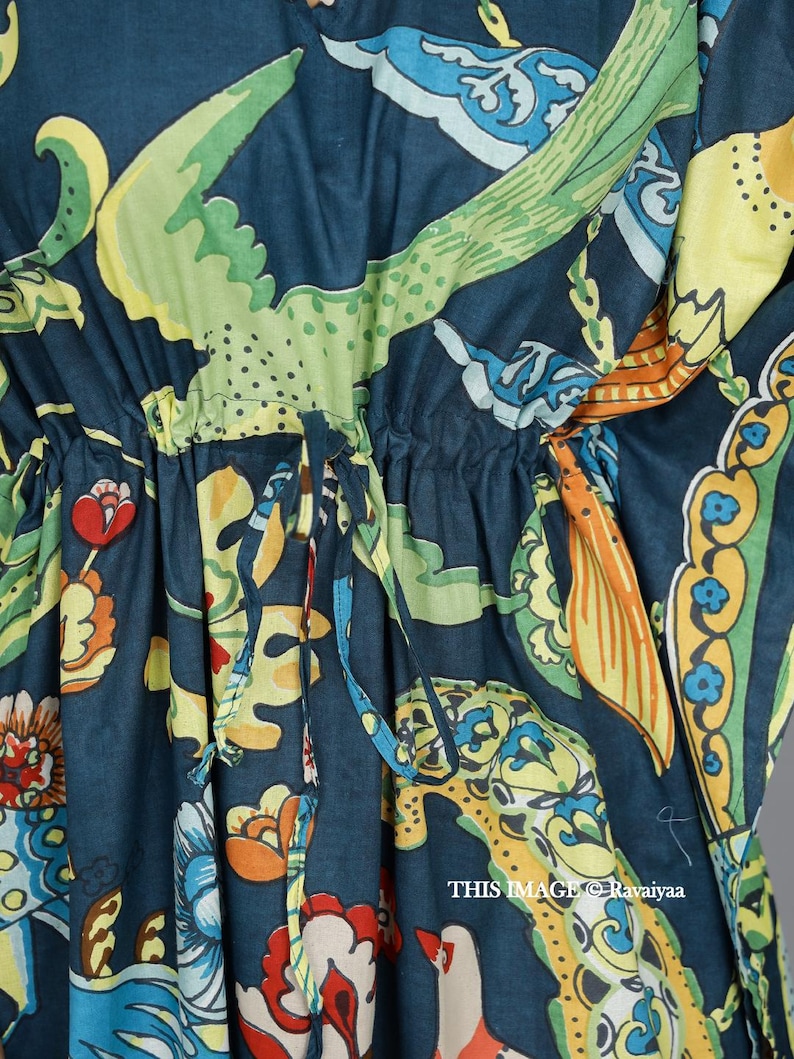 Handmade kaftan, Bird Printed Sleepwear Dressing Caftan, Cotton Organic Tunic, Gifts for her, Resort Wear, Maxi Dress, Beach Wear Blue Gown image 4