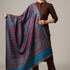 Large Ethnic Jacquard Design Kullu Weave Wool Shawl Meditation Blanket Himalaya Soft Wool Weddings Large Stole Throw Meditation Wrap Turquoise-2
