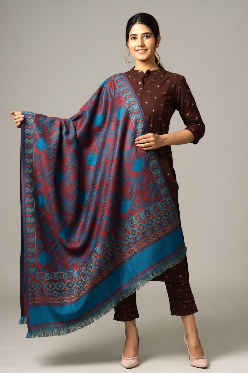Large Ethnic Jacquard Design Kullu Weave Wool Shawl Meditation Blanket Himalaya Soft Wool Weddings Large Stole Throw Meditation Wrap Turquoise-2
