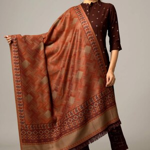Large Ethnic Jacquard Design Kullu Weave Wool Shawl Meditation Blanket Himalaya Soft Wool Weddings Large Stole Throw Meditation Wrap Brown-1