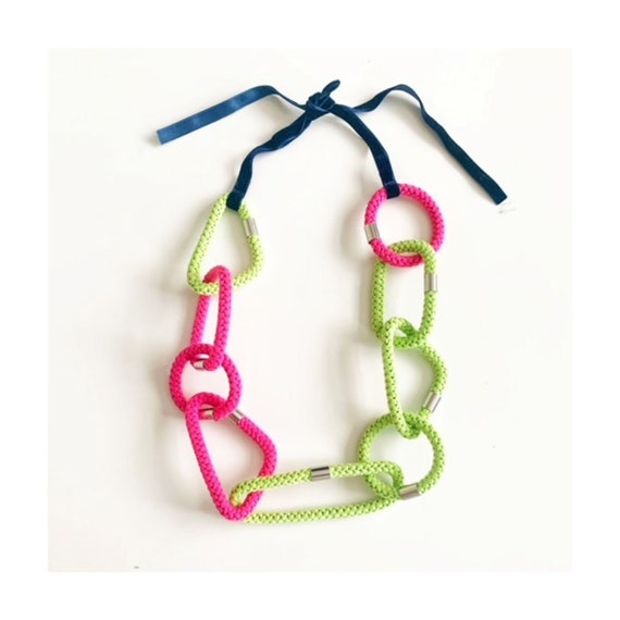 Geometric Shaped Cotton Rope Statement Necklace, Long Tie-back Handmade Jewelry, Neon Coloured Cotton Rope Ecological gift for girlfriends